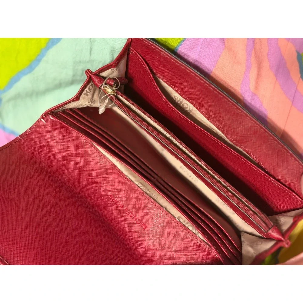 Michael Kors Fulton Flap Continental Wallet Merlot Pebbled Leather Gold Logo